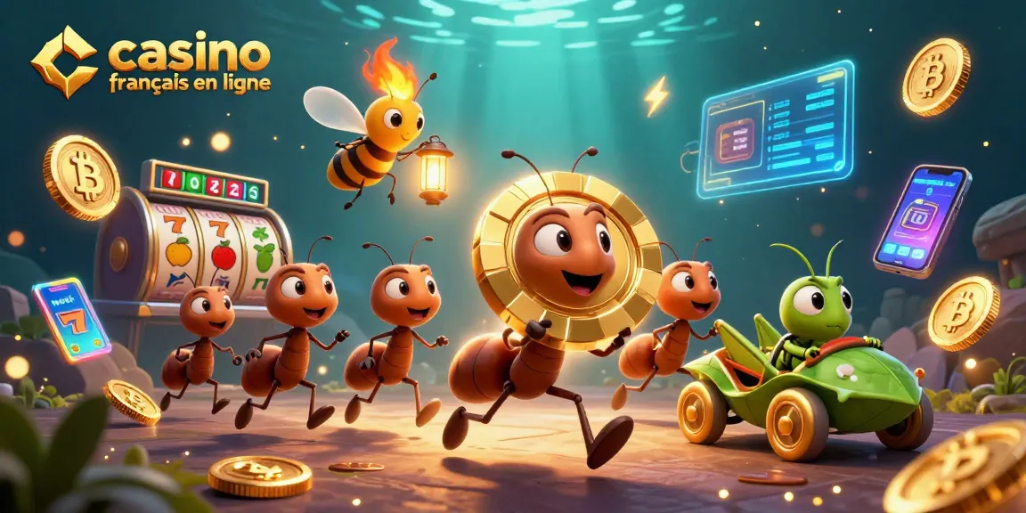 Découvrez une illustration dynamique de casinos français en ligne avec des fourmis en mission audacieuse.