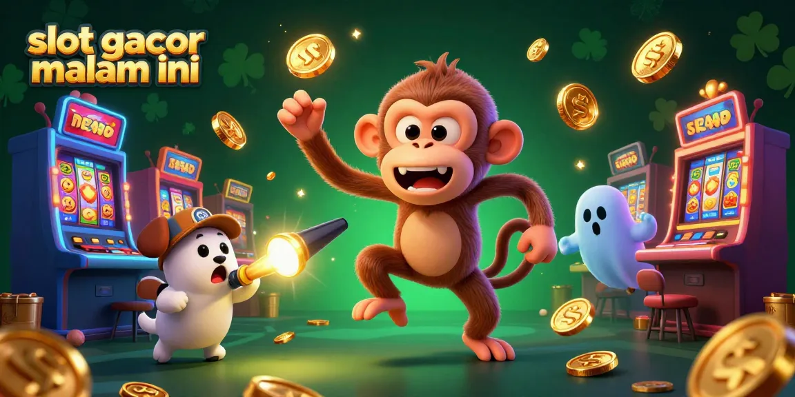 Experience the thrill of slot gacor malam ini with a mischievous monkey and playful ghost-hunter in a lively casino scene.