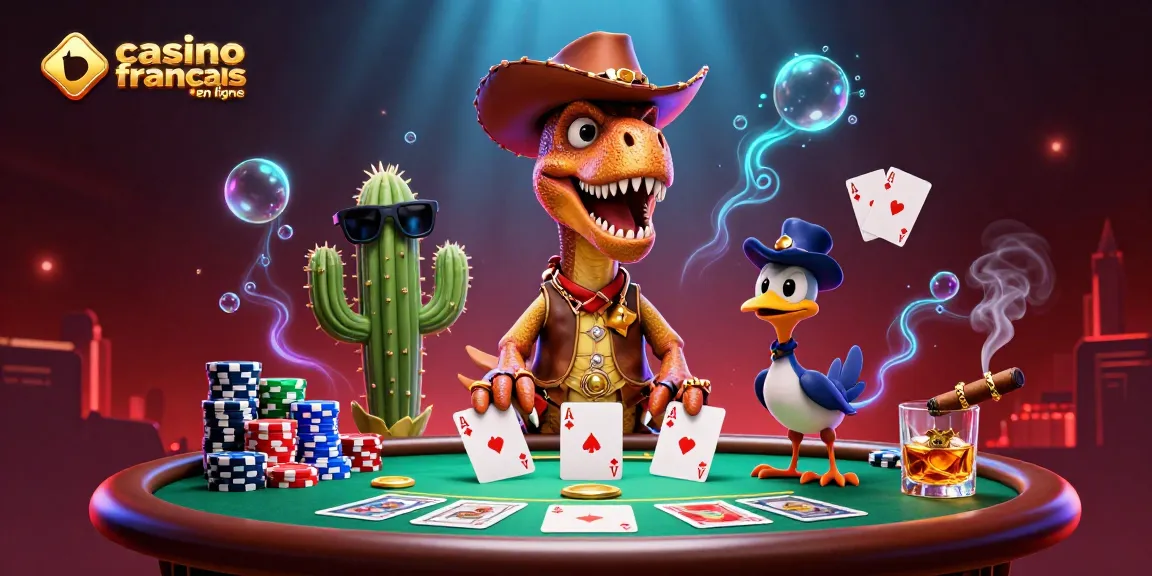 Illustration dynamique de personnages de casino français en ligne avec des éléments de poker.