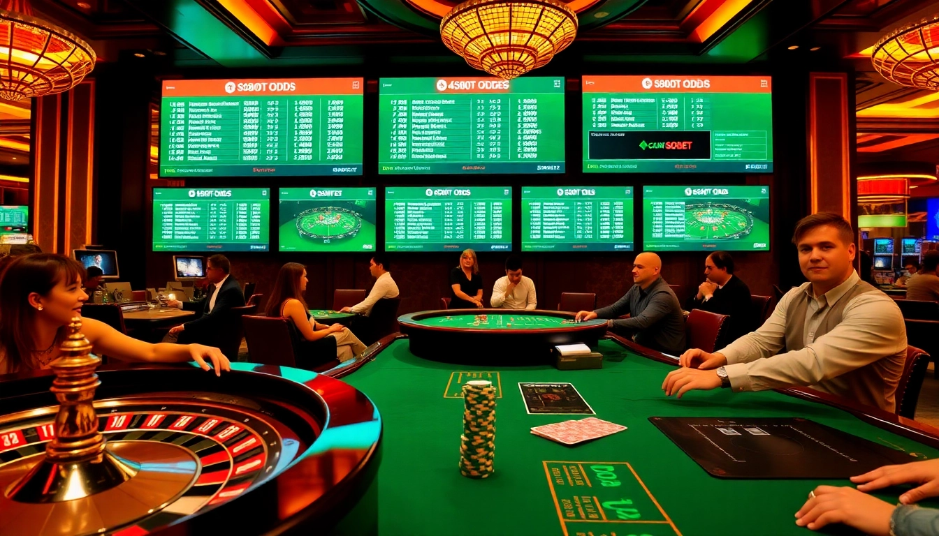sbobet players engaging in high-stakes betting at a luxurious casino table surrounded by vibrant lights and excitement.