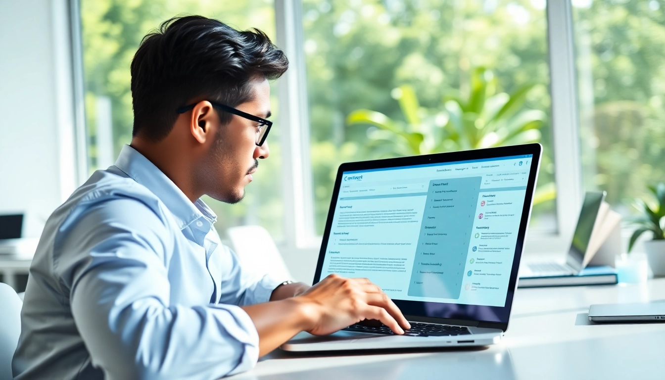 Engaging in Contract Management through a modern software interface at a sleek office desk.