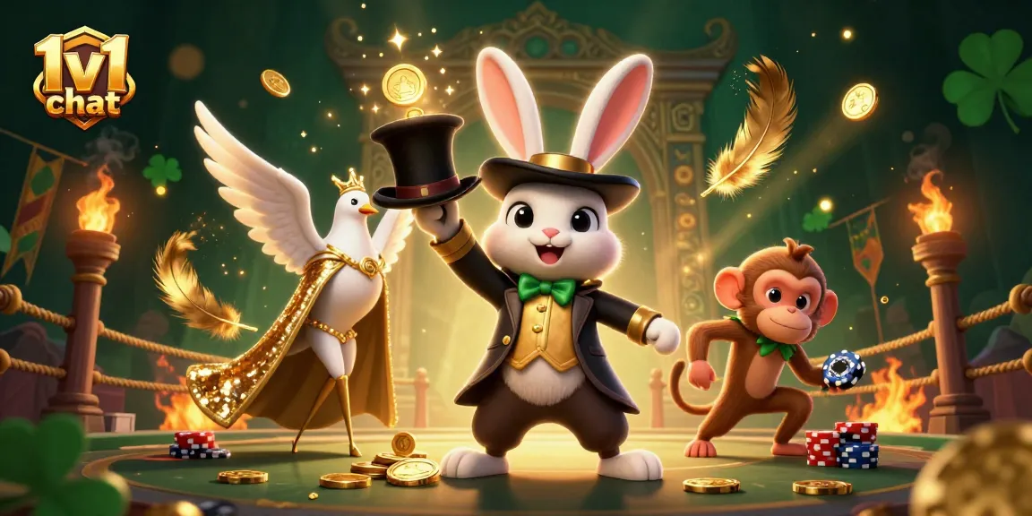 Engage in thrilling 1v1 chat and mesmerizing moments with animated characters in a magical casino scene.