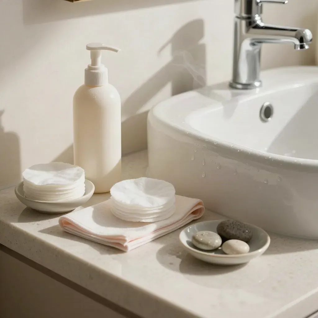 Vanity corner with cleanser, cotton pads, face cloth, porcelain basin and steam.