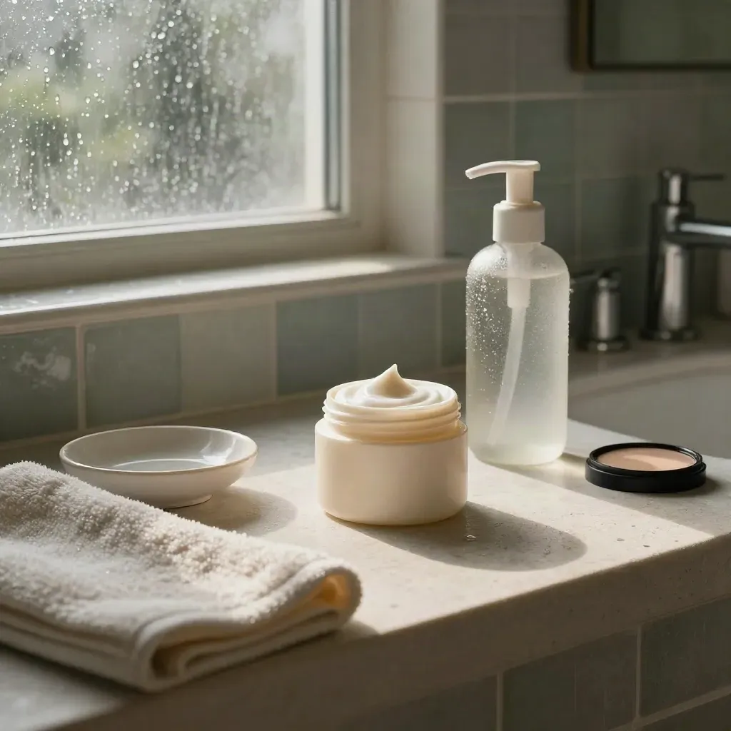 Moody bathroom vanity with skincare and makeup products in rain-lit morning haze