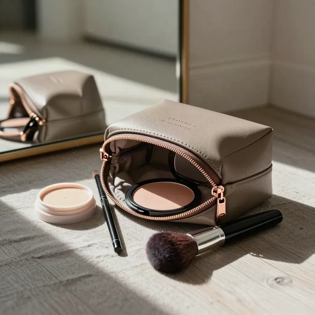 Open makeup bag with blush, brush, brow pencil and powder in slanting hallway light.