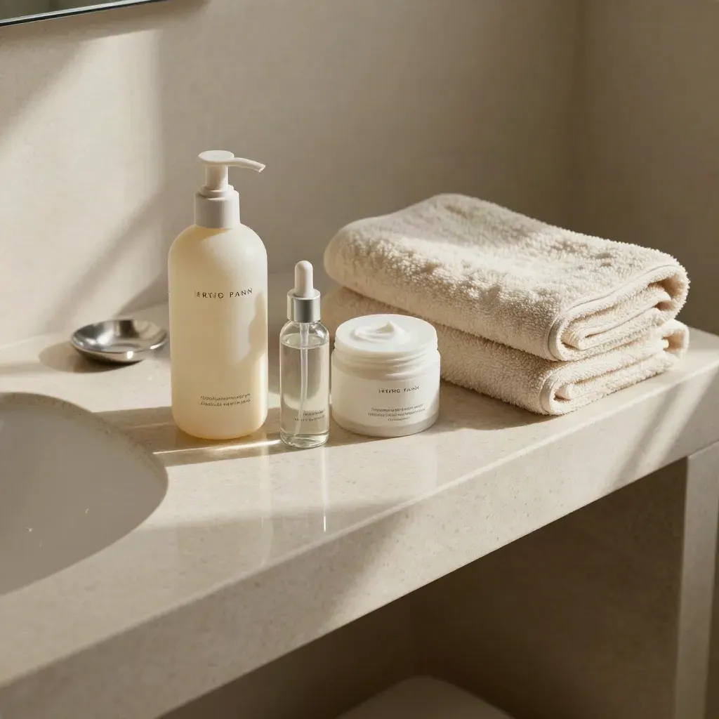Bathroom shelf flatlay with skincare, towel, and basin curve in soft morning light