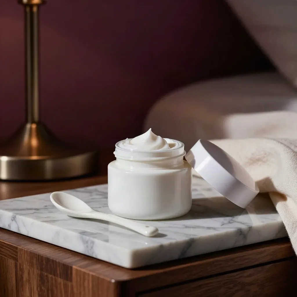 Open night cream jars and ceramic spoon on marble beside a dim lamp, lit by moody bedside glow.