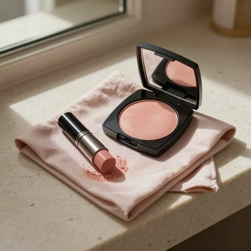 Overhead blush flatlay with compact, cream stick, and folded cloth on travertine vanity.