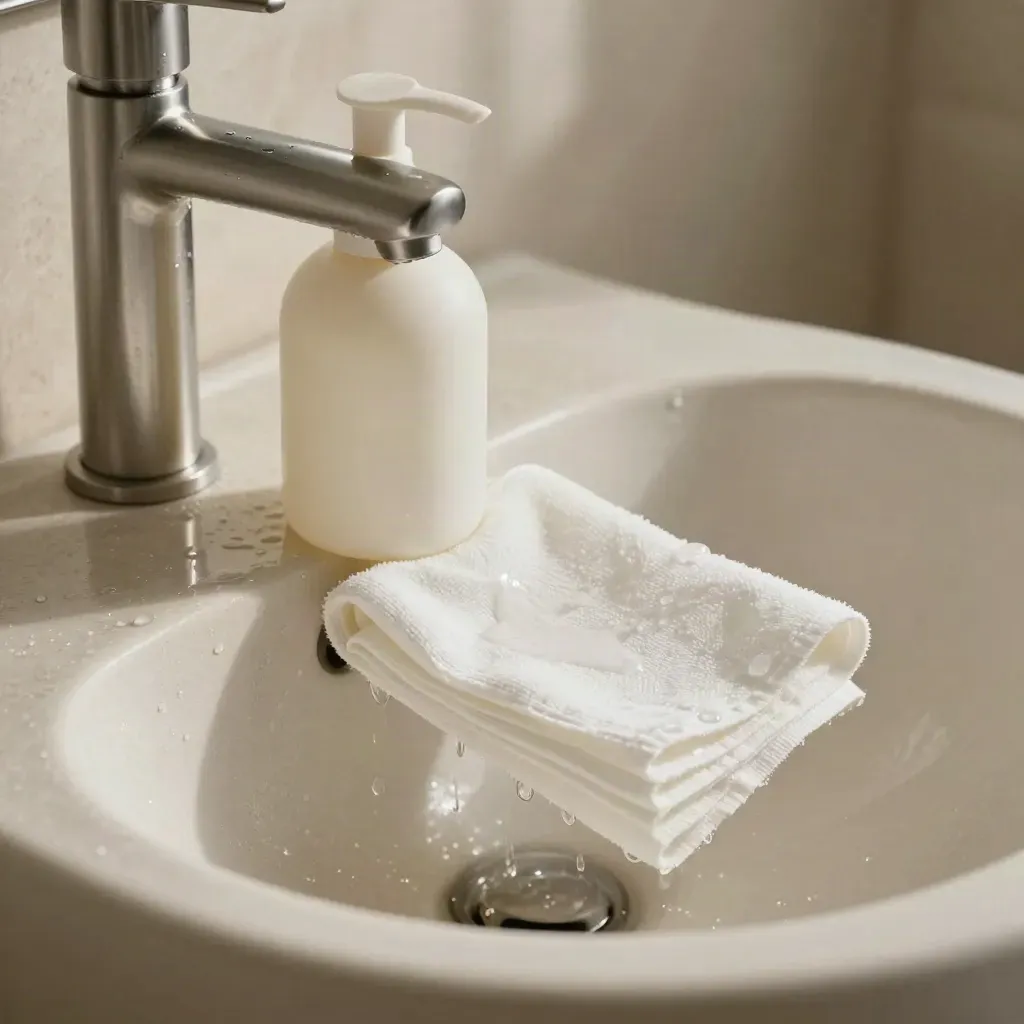 Gentle cleanser bottle, damp muslin cloth, and beaded porcelain sink beside a brushed steel tap.