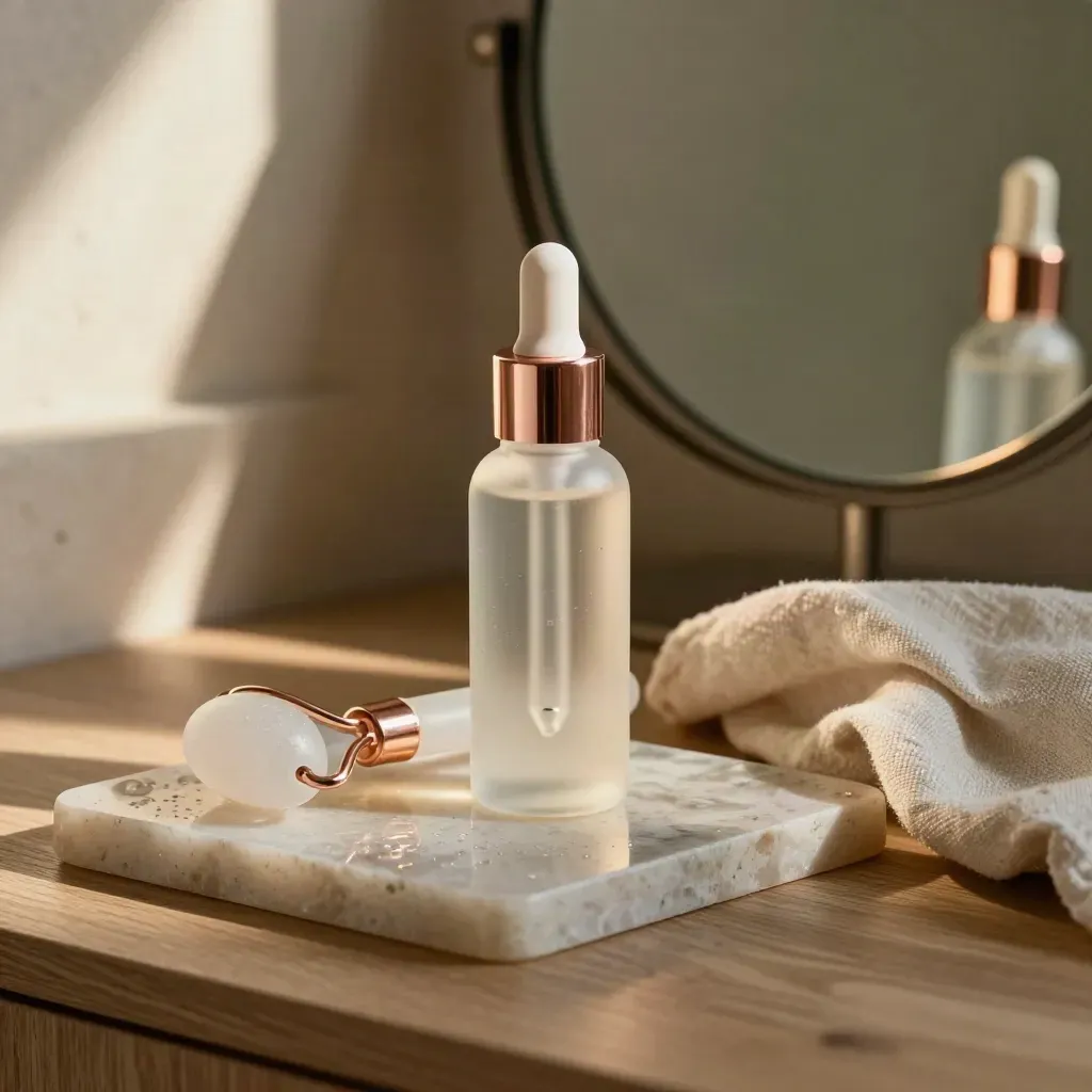 Serum bottle, frosted roller, and stone tray glowing beside a mirror on a vanity