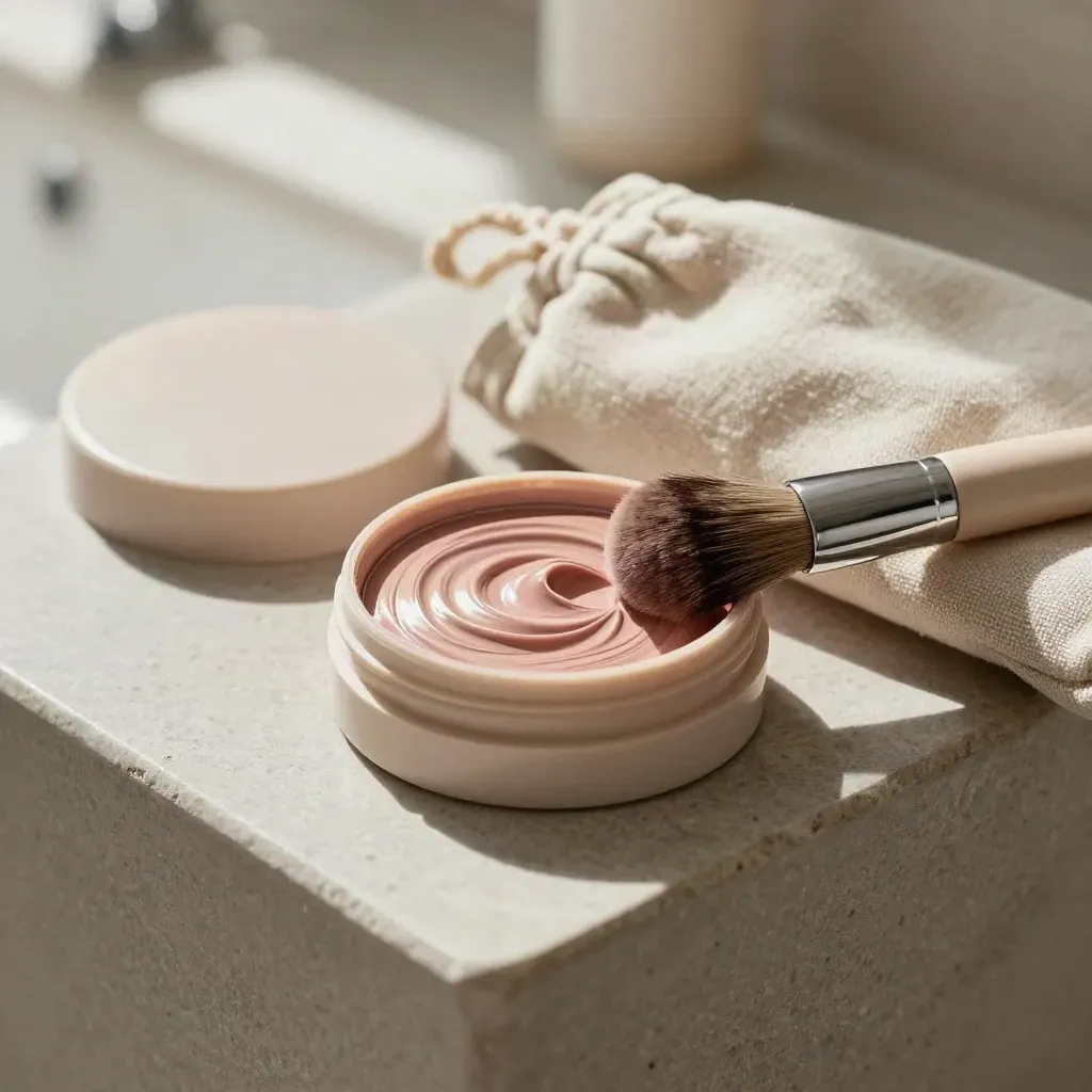 Open cream blush pot, brush, and linen pouch on a sunlit stone vanity