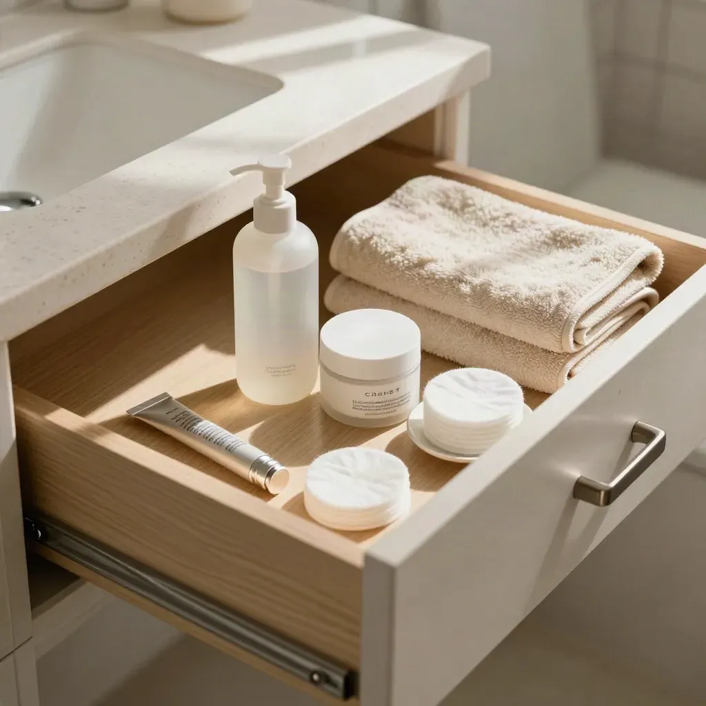 Open drawer with cleanser, moisturizer, brow gel, cotton rounds, and folded towel in warm morning light.