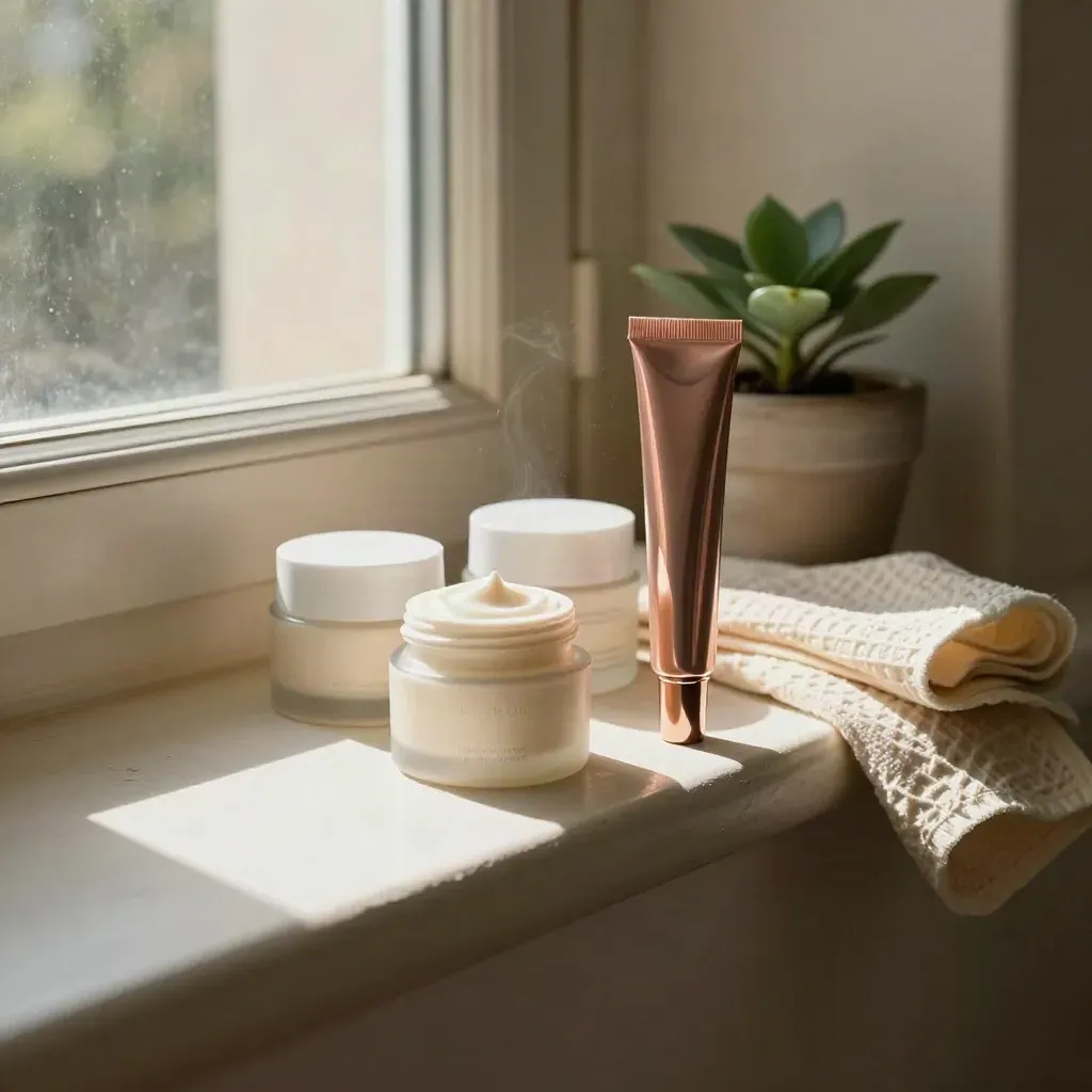 Cream day-cream jars and a slim tube on a sunlit windowsill beside a small plant.