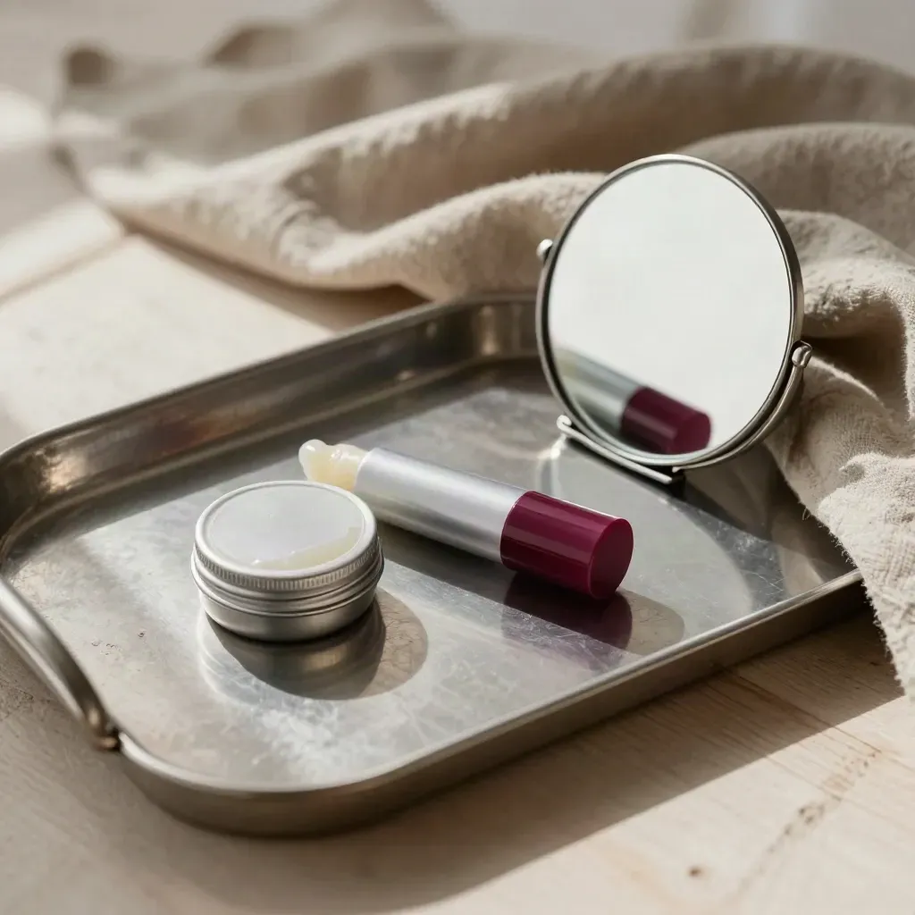 Bedside lip care kit half-open on a tray, with balm tin, tube, and mirror in winter light.