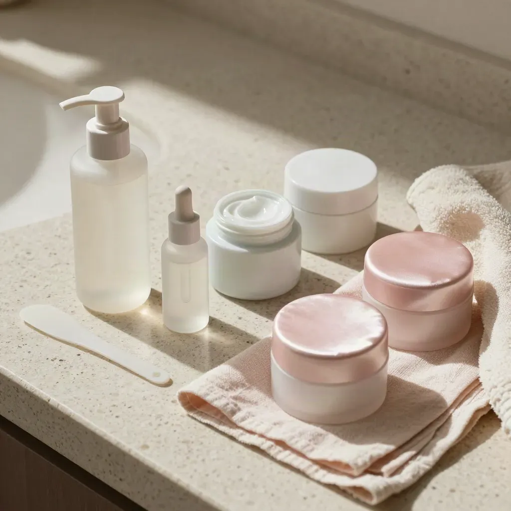 Skincare products fanned across travertine stone in a high-overhead editorial still life.