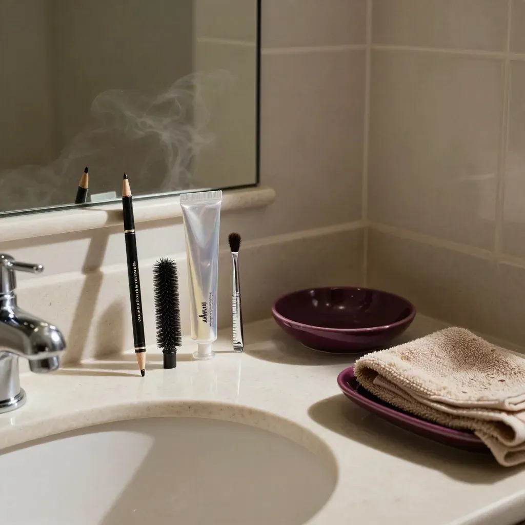 Brow tools beside a bathroom sink with steam and a mirror edge in moody morning light.