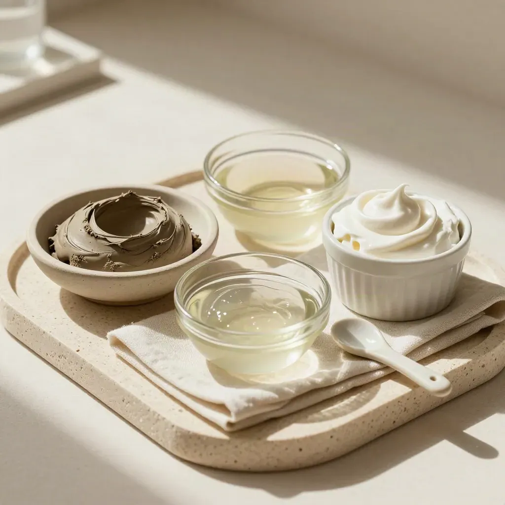 Three face masks on a travertine tray with a cloth and spoon, viewed from above.