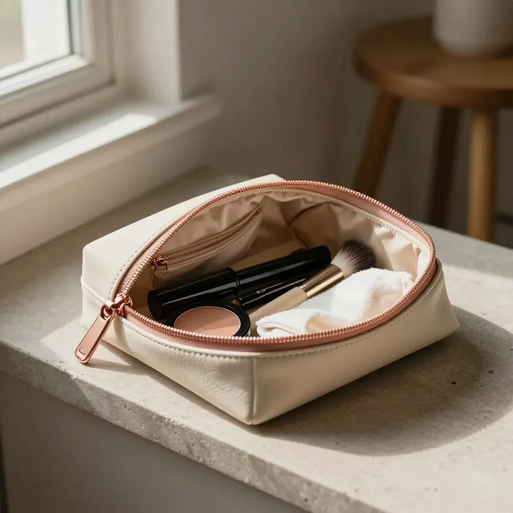 Open makeup bag with essentials on a stone shelf in soft afternoon light.