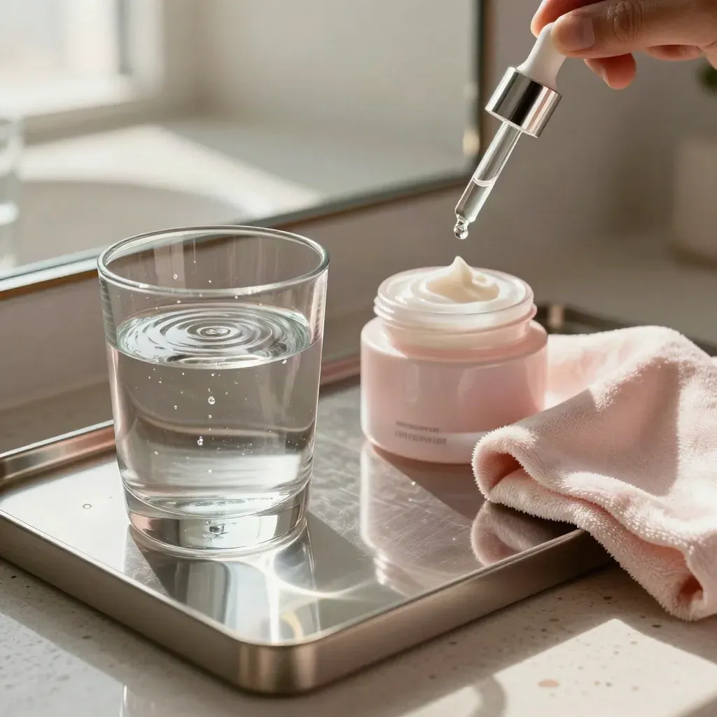 Morning vanity with water glass, serum, moisturizer, blush pink cloth, and sunlit mirror glow