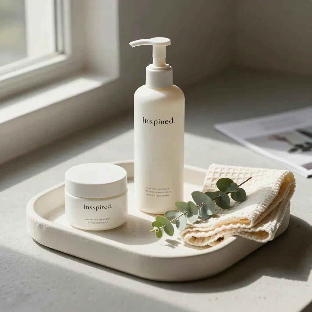 Top-down skincare tray with cleanser, moisturizer, folded cloth and eucalyptus on stone.