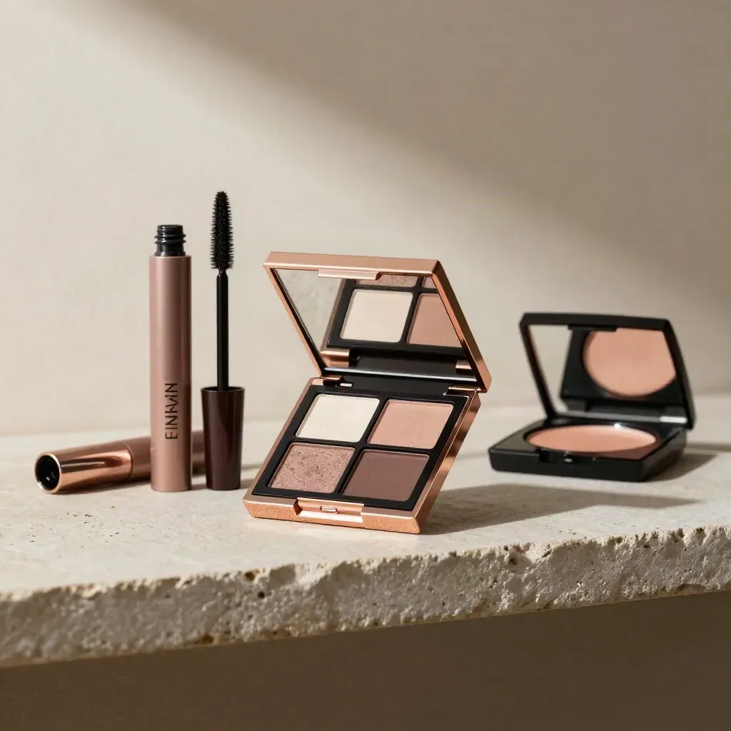 Open eyeshadow palette with brow gel, mascara, and blush on a stone shelf in soft daylight