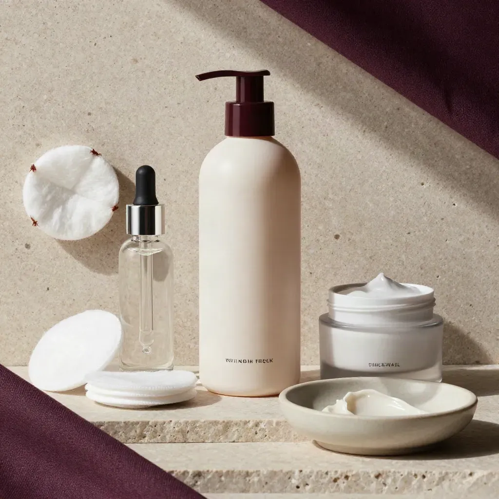 Top-down skincare flatlay with cleanser, serum, cream, dish, and cotton rounds on stone