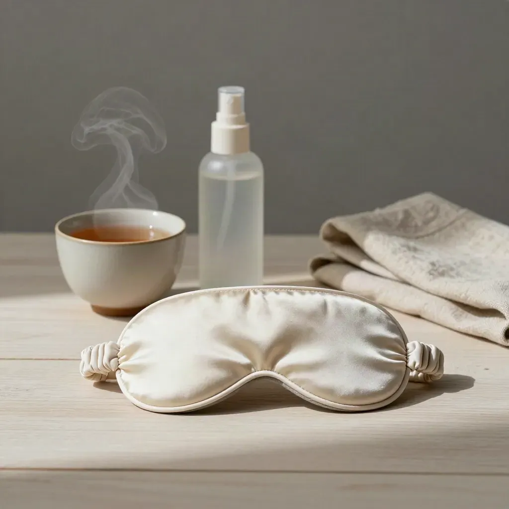 Silk sleep mask, herbal tea, face mist and linen cloth on a pale bedside desk