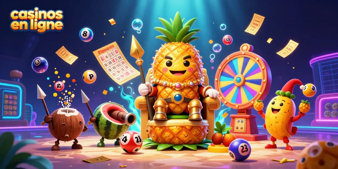 Jeux de casino en ligne avec un roi ananas en 3D sur un trône rempli de trésors et de jeux d'argent.