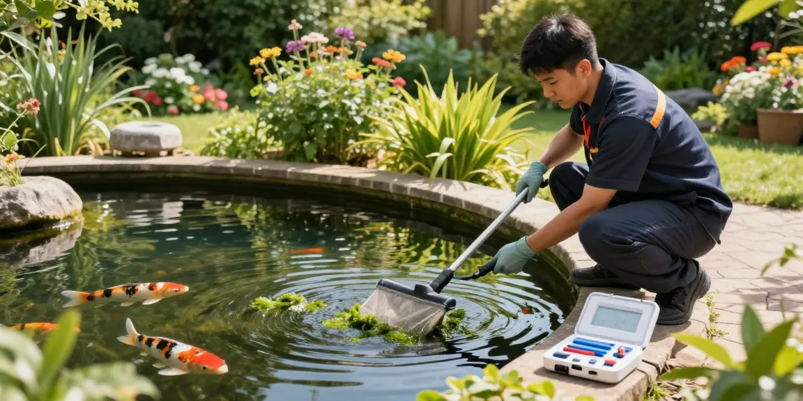 Pond Cleaning Kent in action with a technician removing algae and maintaining a serene garden pond.