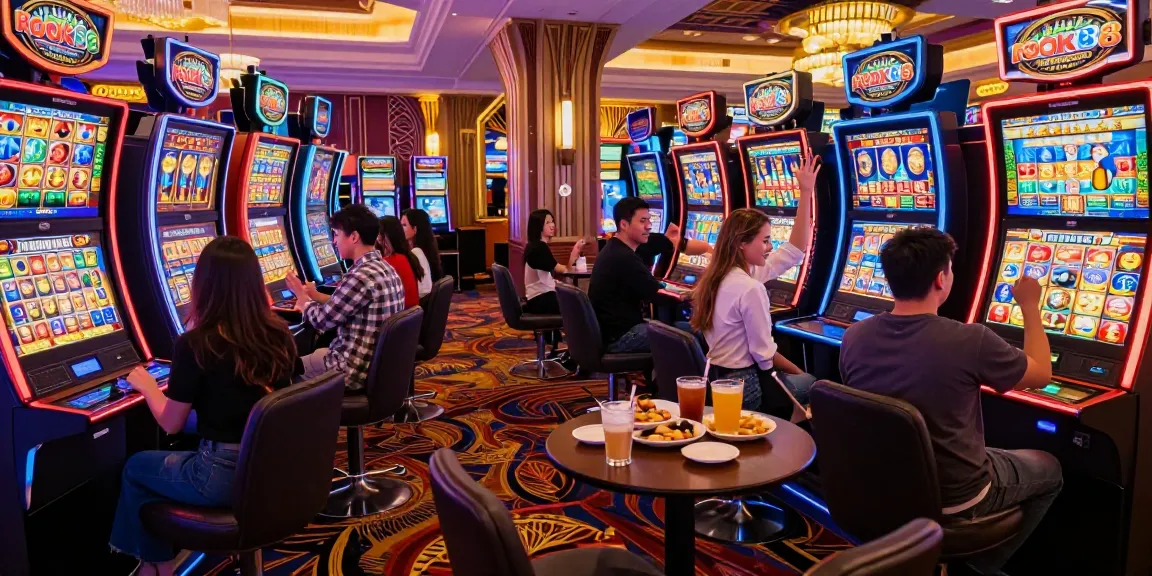 Friends celebrating at a luxurious casino featuring rokok88 slot machines amidst colorful lights and vibrant atmosphere.