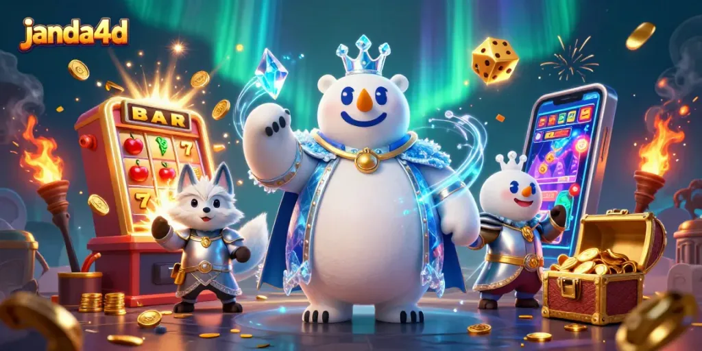 Permainan slot janda4d dengan raja beruang kutub dan rubah salju mengelilingi mesin jackpot yang besar.