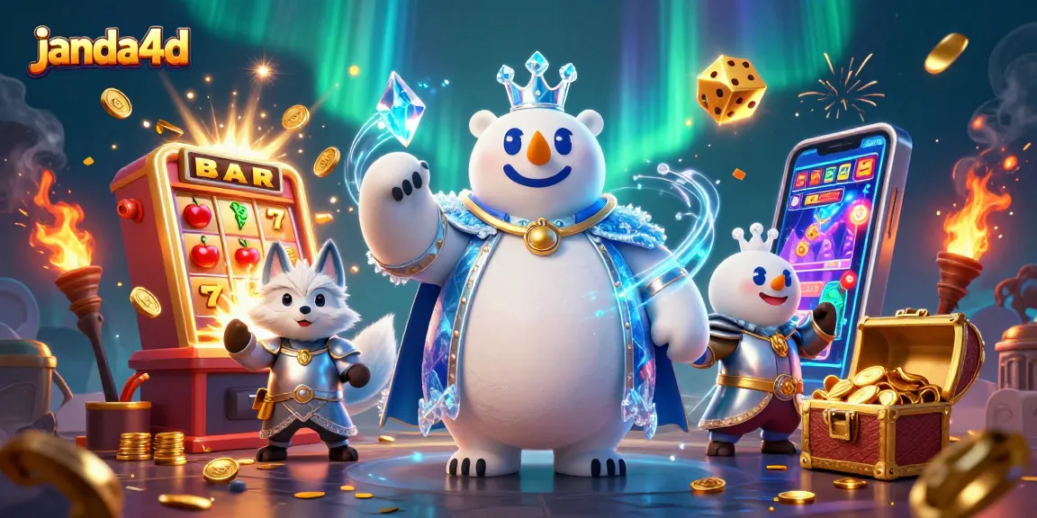 Permainan slot janda4d dengan raja beruang kutub dan rubah salju mengelilingi mesin jackpot yang besar.
