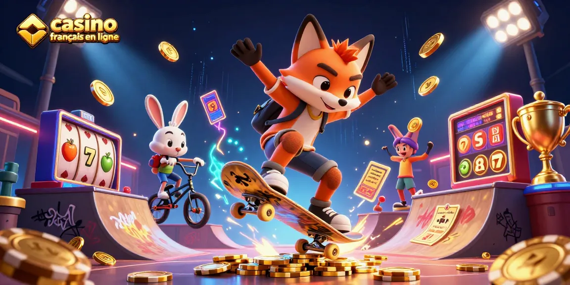 Illustration dynamique représentant le casino français en ligne avec un renard faisant un kickflip et des symboles de jeux.