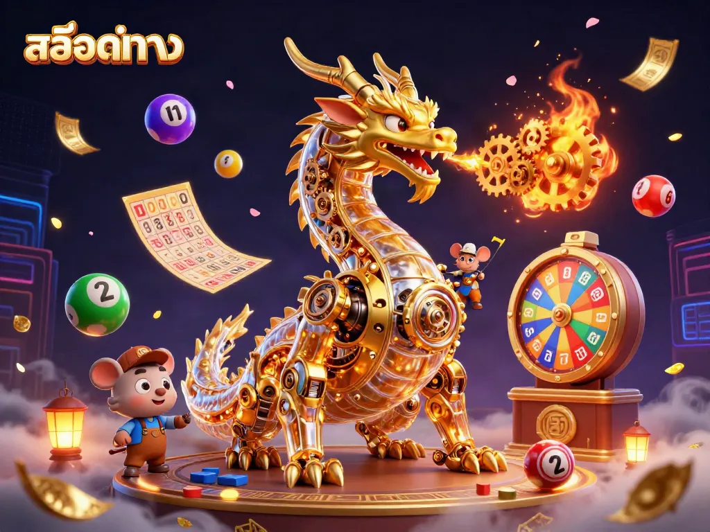 การเล่นเกม สล็อตตรง ด้วยมังกรทองและลูกบอลลอตเตอรี่สีสันสดใสในบรรยากาศคาสิโน