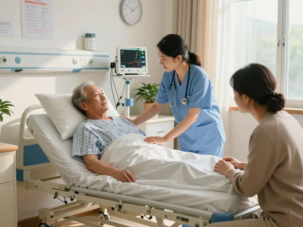 Caregiver assisting an elderly patient on a giường bệnh nhân in a warm clinical hospital setting.