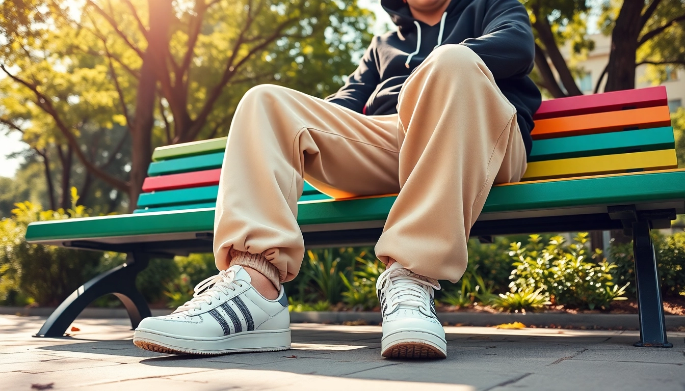Model showcasing oversized sweatpants while lounging in a vibrant urban park setting.