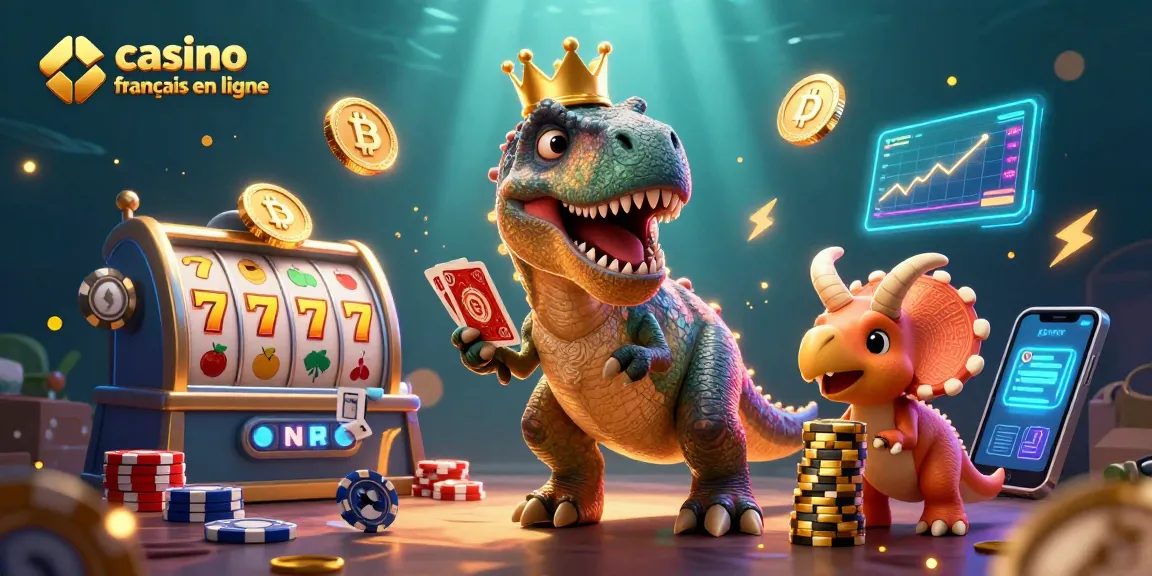 Jouer à un casino français en ligne avec un T-Rex, un ptérodactyle et un tricératops entourés de jetons d'or.
