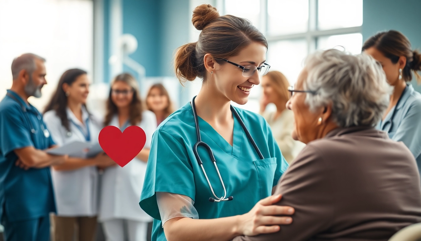 Engaging scene of caregivers promoting health, highlighting compassion and support in a modern clinic.