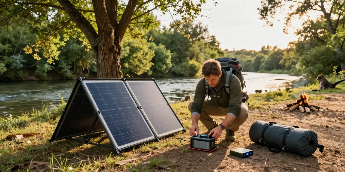 Foldable Solar Panel being set up by a camper in nature, showcasing outdoor solar energy solutions.