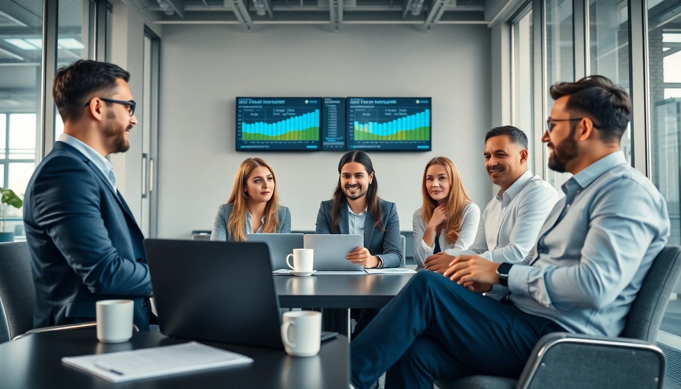 VAT Return Filing in UAE: Business professionals discussing tax strategies in a modern office.