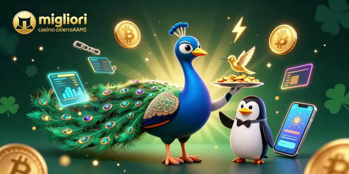Esplora i migliori casino online non AAMS con il pavone aristocratico e simboli di criptovaluta scintillanti.