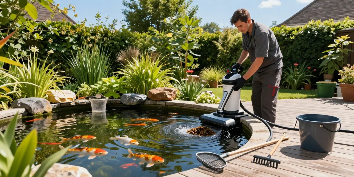 Pond Cleaning Kent with a technician cleaning a vibrant garden pond surrounded by lush greenery and tools.
