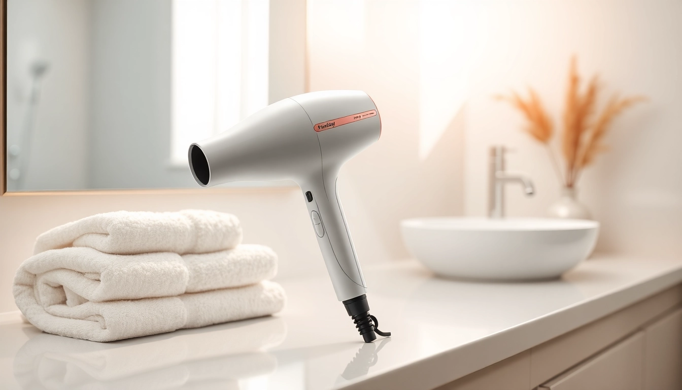 Styling hair effortlessly with a hair dryer for fine hair on a countertop.