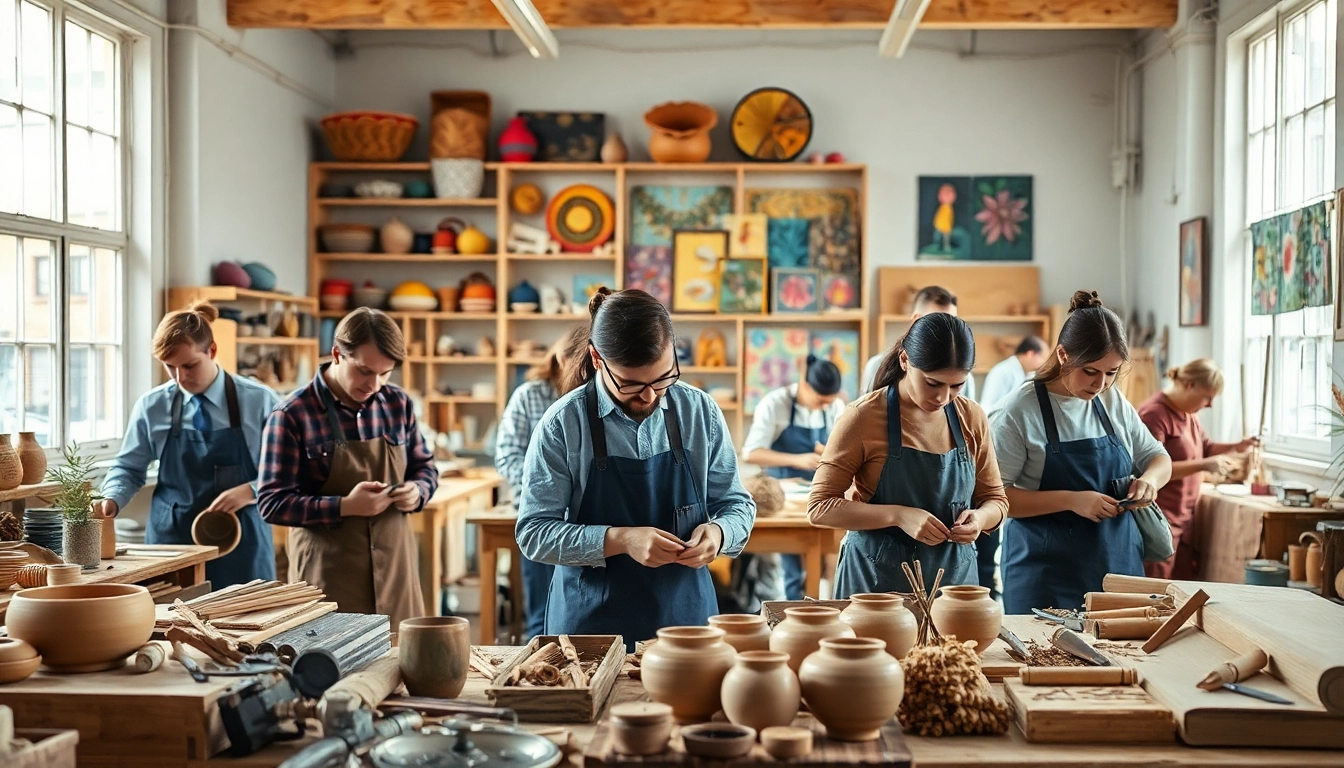 Craft training programs in action as artisans use tools and materials in a workshop.