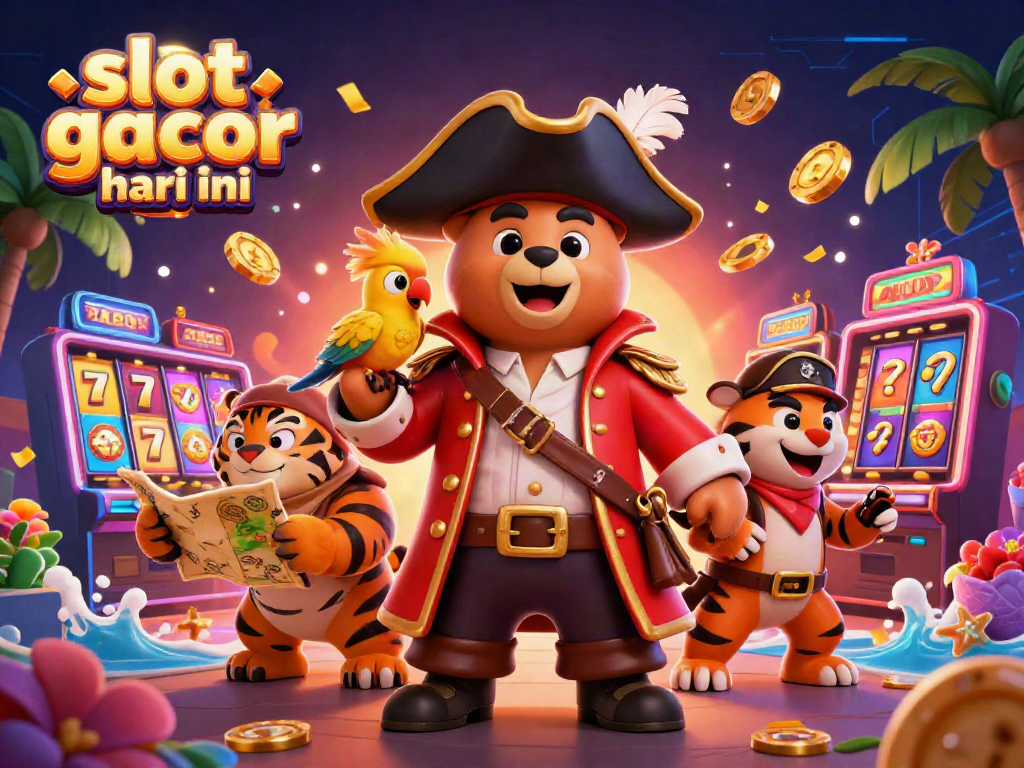 Slot gacor hari ini menunjukkan karakter beruang kapten dan harimau dengan elemen mesin slot yang menarik.