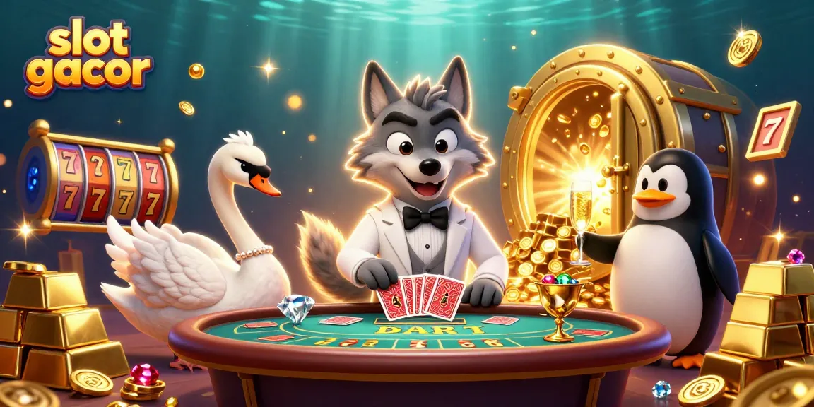 Experience slot gacor excitement with a debonair wolf and friends in a festive gambling scene.
