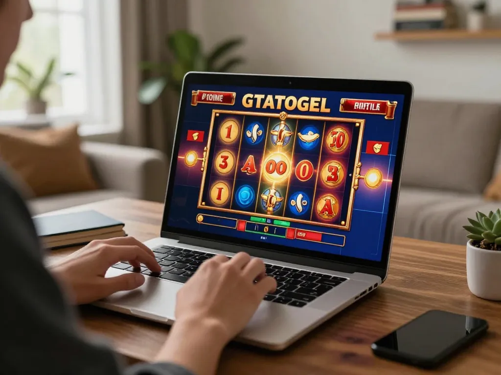 Engaging in GTATOGEL online gaming on a laptop with vibrant slot interface in cozy home setting