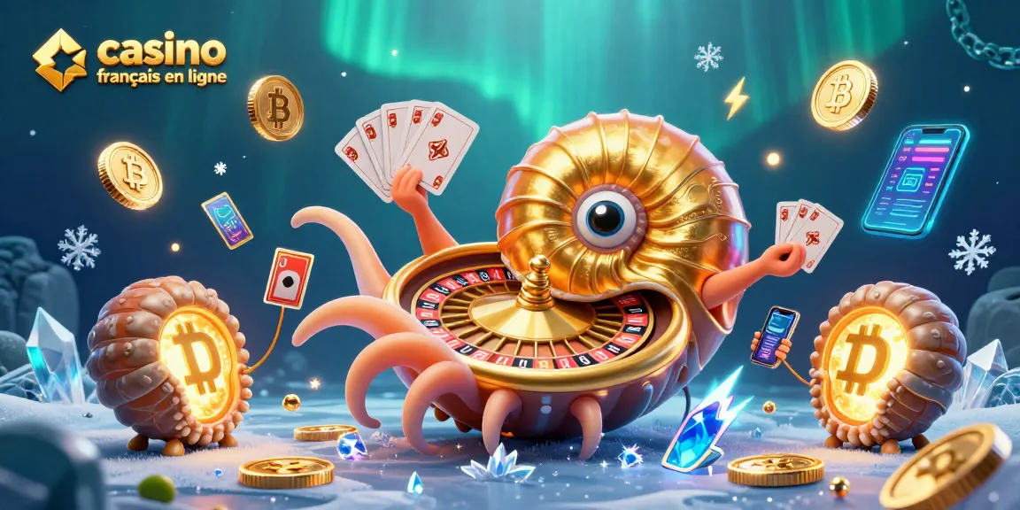 Jouez au casino français en ligne avec un nautilus géant entouré d'éléments de jeu crypto lumineux.