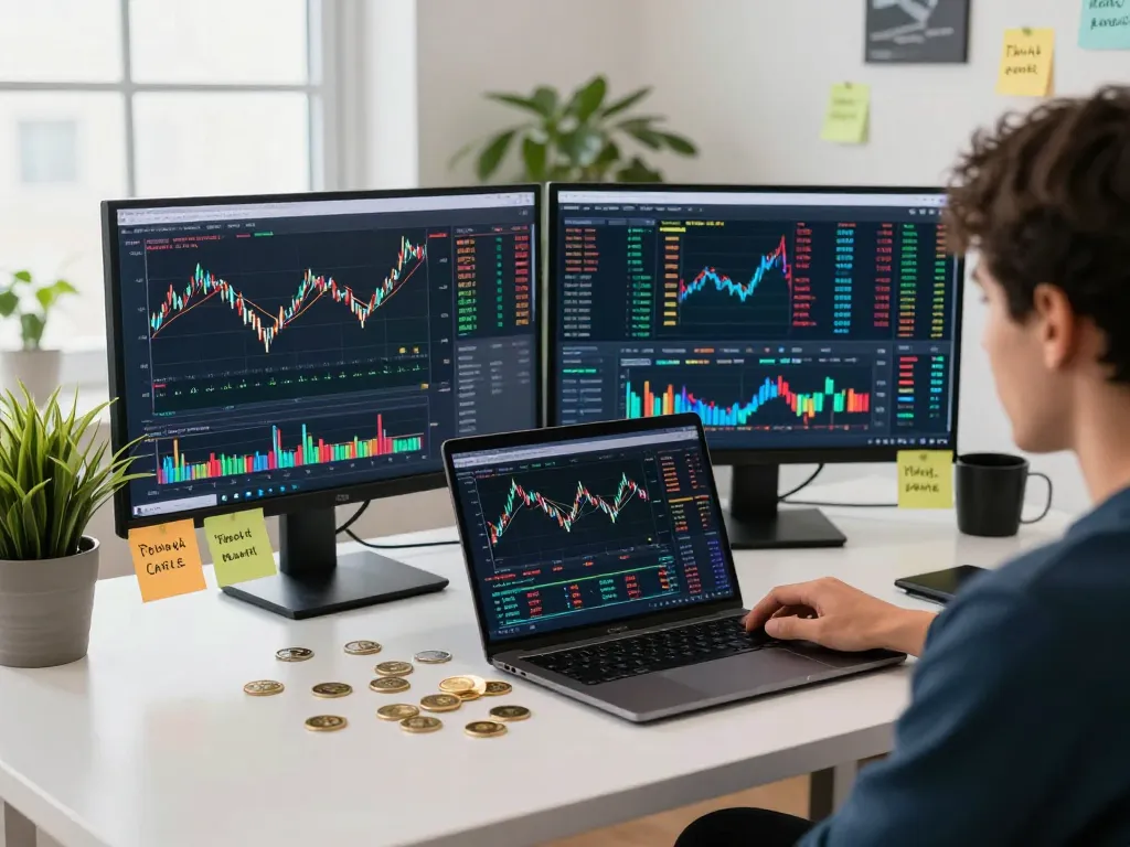 Person analyzing automated crypto income trends on multiple screens in a dynamic trading environment.