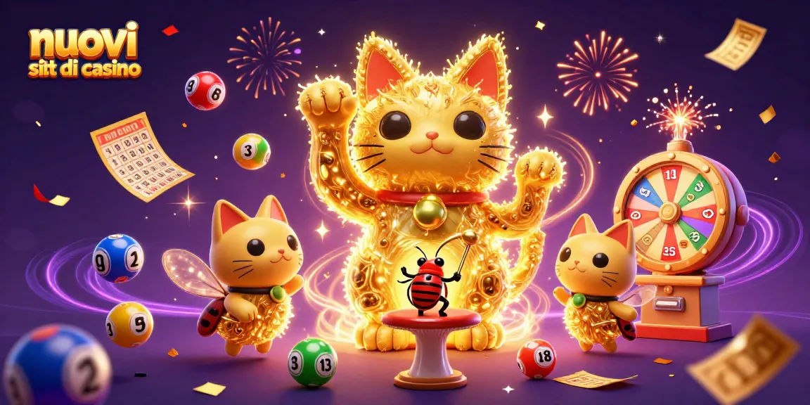 Visualizza l'affascinante mondo dei nuovi siti di casino con un gatto fortunato in 3D e simboli di casinò.